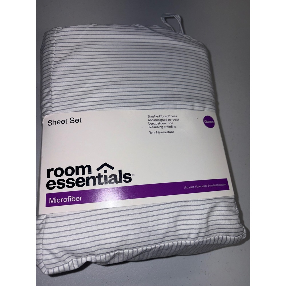 Room Essentials Queen Microfiber Sheet Set Gray White Stripe 4 Piece Wrinkle Res